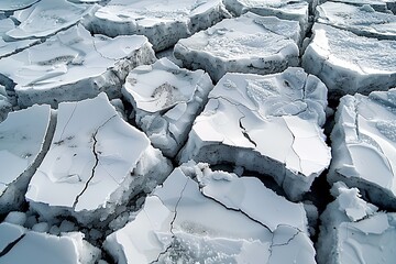 A close-up view of the ground covered in cracked icy sheets, highlighting textures