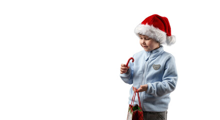 Christmas. Happy child in Santa Claus hat holding candy cane and carrier bag.  Png.
