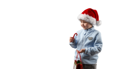 Christmas. Happy child in Santa Claus hat holding candy cane and carrier bag.  Png.
