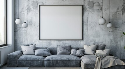A gray sofa with pillows, a poster on a wall and pendant lights in a bright modern interior