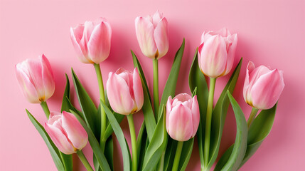 Fototapeta premium Bouquet of Pink Tulips on Pink Background