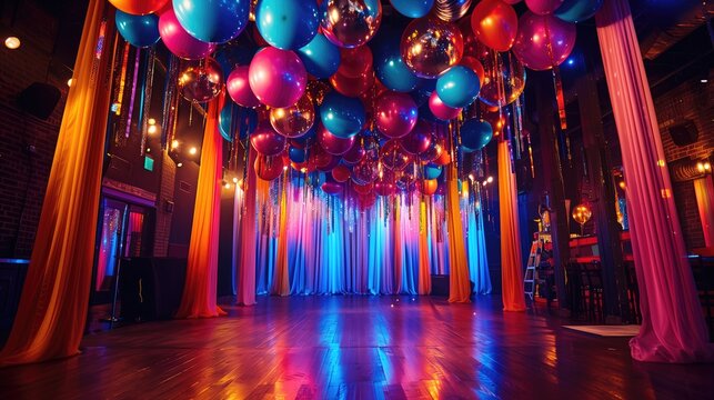 The venue is adorned with balloons and disco balls creating a nostalgic atmosphere of an adult theme