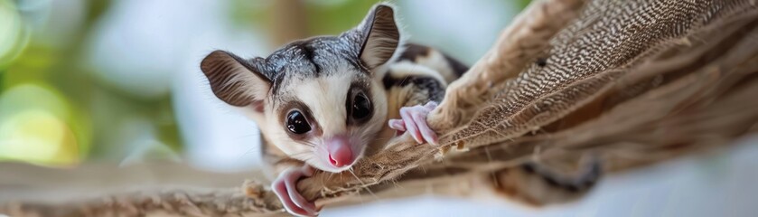 A cute and curious sugar glider climbing and gliding - This sugar glider is climbing and gliding through its enclosure