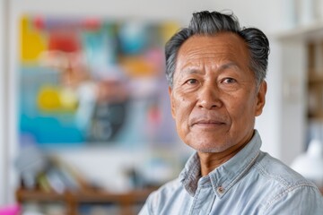 Fototapeta premium Elderly man stands in front of a vibrant, abstract painting, emanating wisdom and experience