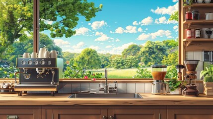 a picture from a brewery coffee shop kitchen, outdoor view a beautiful park, coffee utensils, espresso machine, anime style