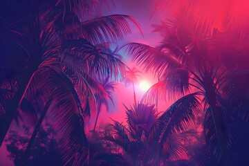 Fototapeta na wymiar Palm trees at dusk with vibrant lighting. Digital artwork for design and print. Tropical and dreamy concept.