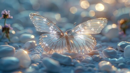 Butterfly with light base and foam, rendered in cinema4d style, dreamy and Romantic
