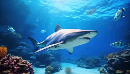 Fototapeta premium The great White Shark in the ocean, portrait of White shark hunting prey in the underwater