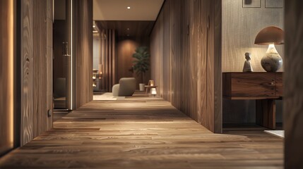 Picture a wooden entrance hallway where clean lines and cozy textures create a space of understated luxury. HD realism accentuates the simplicity of the contemporary furniture arrangement.
