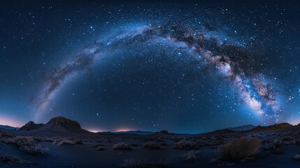 Panorama of the starry night sky, the Milky Way galaxy arcing gracefully overhead.
