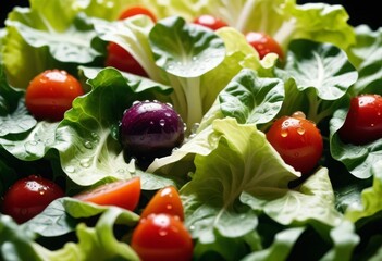 Green lettuce leaves with cherry tomatoes in close-up, healthy breakfast for a diet, lunch snack with vegetables