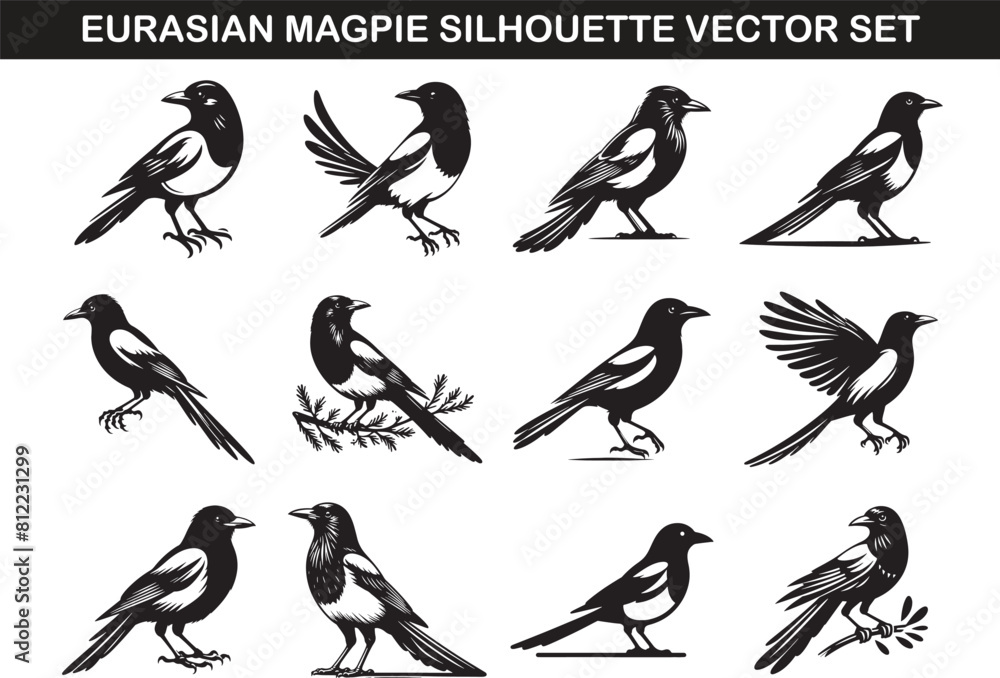 Wall mural eurasian magpie bird silhouette vector illustration set - Wall murals