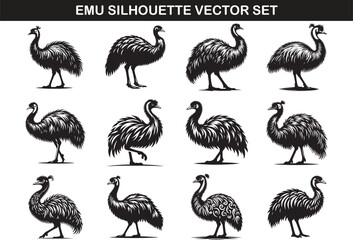 Fototapeta premium Emu Bird Silhouette Vector Illustration Set