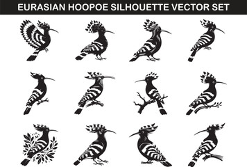Eurasian Hoopoe Bird Silhouette Vector Illustration Set
