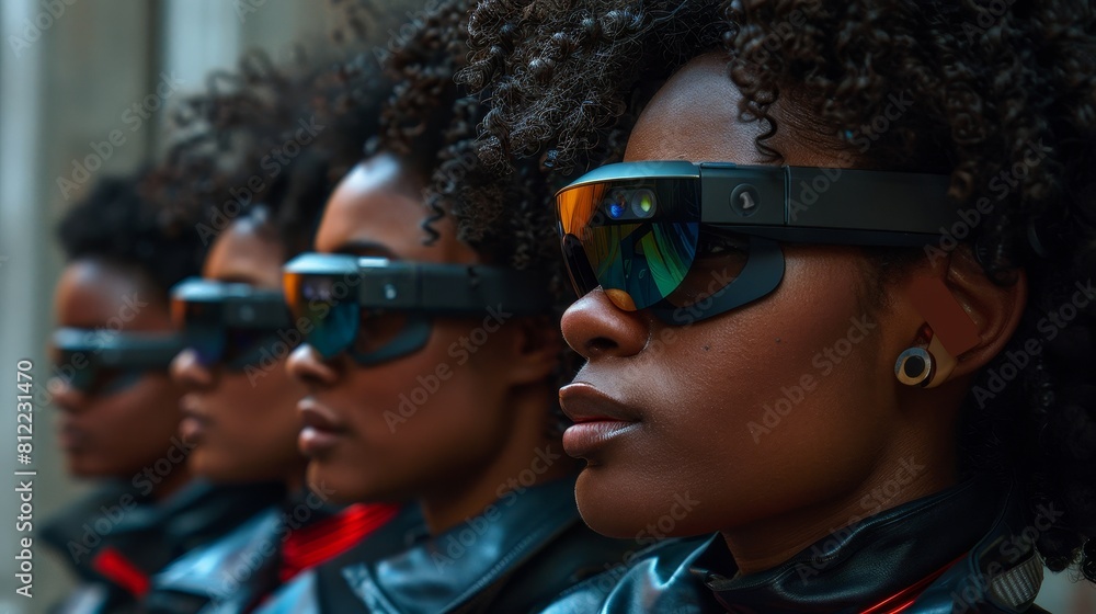 Poster close up engineers using augmented reality glasses to collaborate on a design project
