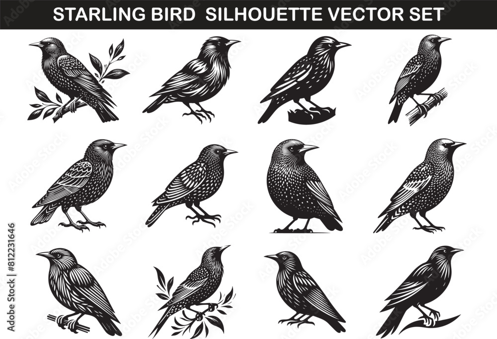 Sticker starling bird silhouette vector illustration set - Stickers