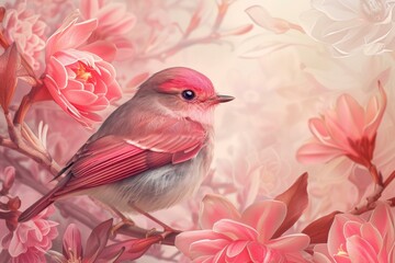 Vibrant Bird pink floral. Holiday chick. Generate Ai