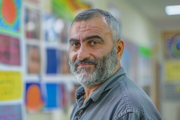 Fototapeta premium A middle-aged man with a serious expression stands in a classroom environment, showcasing a thoughtful demeanor