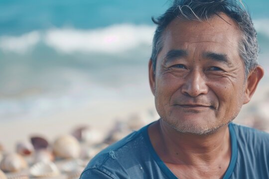 An older Asian man smiling, with shells and a blurred beach background, capturing contentment