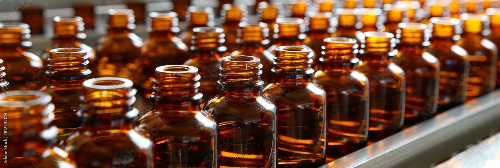 Poster state of the art cosmetic bottling line in a modern factory ensuring efficient production process