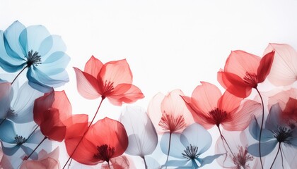 red blue floral border with transparent x ray flowers at white background with copy space