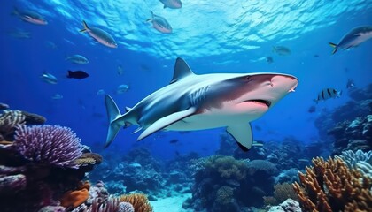 Fototapeta premium The great White Shark in the ocean, portrait of White shark hunting prey in the underwater
