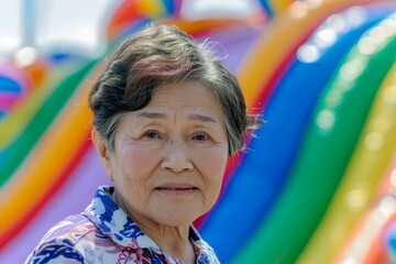 Close-up of a senior Asian lady with colorful inflatable swim rings in the background