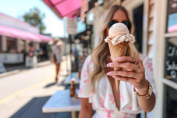 A woman holding ice cream on a hot day, copy space, Generative AI.