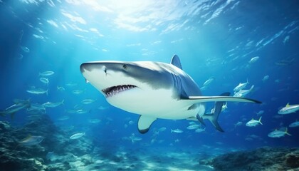 Fototapeta premium The great White Shark in the ocean, portrait of White shark hunting prey in the underwater