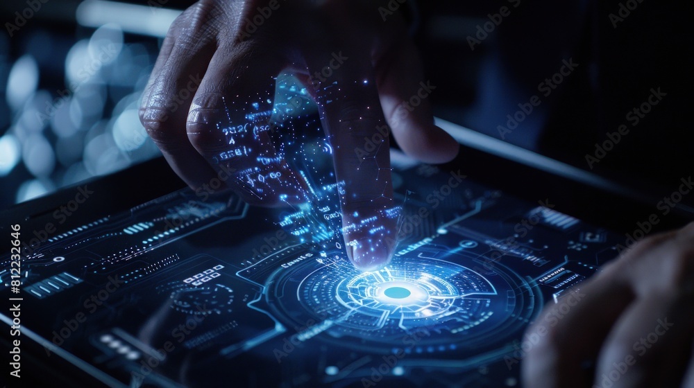 Poster a close-up image focusing on a businessman's hand engaging with a virtual screen emanating from a sm