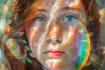 Close-up of a young girl with freckles, her eyes illuminated by a prism's rainbow colors