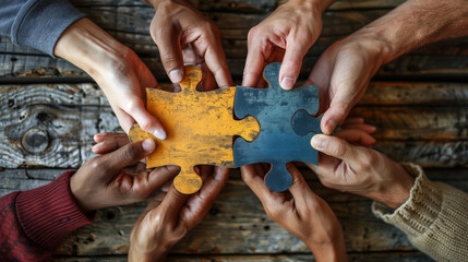 A group of hand holding two colored puzzle pieces, symbolizing synergy, teamwork, integration.