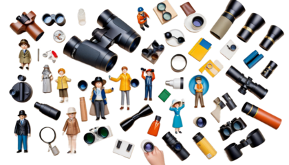 people 3d binoculars looking small three-dimensional binocular look field glasses lens observer search spectator job business perspective man guy abstract character human person cute humorous concept