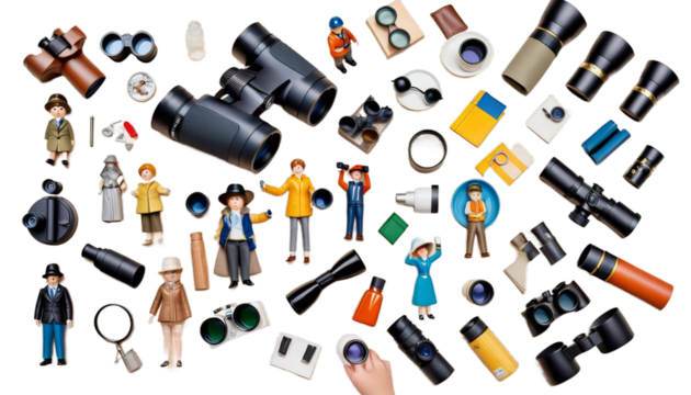 people 3d binoculars looking small three-dimensional binocular look field glasses lens observer search spectator job business perspective man guy abstract character human person cute humorous concept