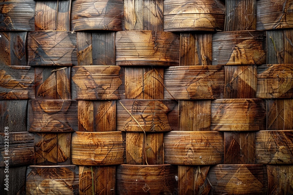 Poster the image captures an intricate pattern of interwoven wood showcasing different tones and textures, 