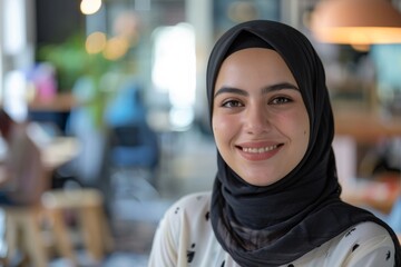 A radiant woman with a beaming smile in a white hijab sits in a sunlit café exuding warmth and friendliness - Powered by Adobe
