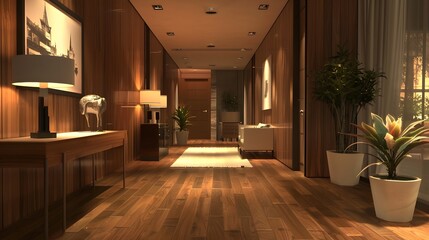 Step into a contemporary wooden hallway adorned with stylish furniture, inviting you to unwind in comfort. HD realism captures the inviting ambiance, perfect for modern living.