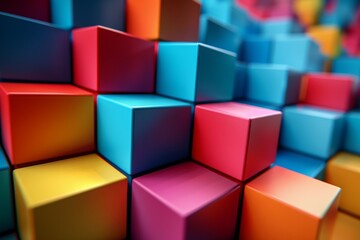 Vibrant 3D rendered cubes in a variety of colors beautifully organized to create a visually stunning pattern