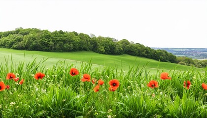 spring meadow with grass and poppy flowers blooming isolated on transparent background