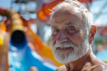 Obraz premium An elderly man having a joyful time on a water slide in a sunny amusement park