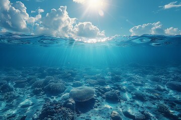 Sunbeams penetrate clear blue ocean water illuminating coral reef underneath, with a split view above and underwater