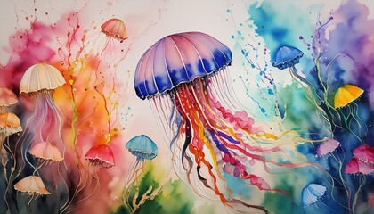 a watercolor painting of a vibrantly colored jellyfish on a diverse background adorned with splattered paint