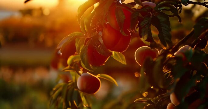 Heavy peaches and visible fuzz stand out on a silhouetted branch at sunrise. Peach fuzz color