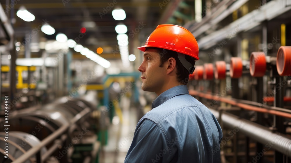 Poster smart civil engineer with safety helmet looking at production line while standing in front of factor