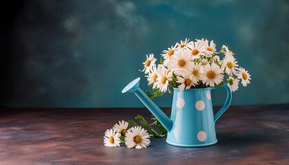 beautiful chamomile flowers in blue watering can on turquoise blue background fresh white flowers spring concept background with copy space