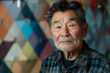 Fototapeta premium Elderly Asian man in plaid shirt with a serious expression against a patterned background