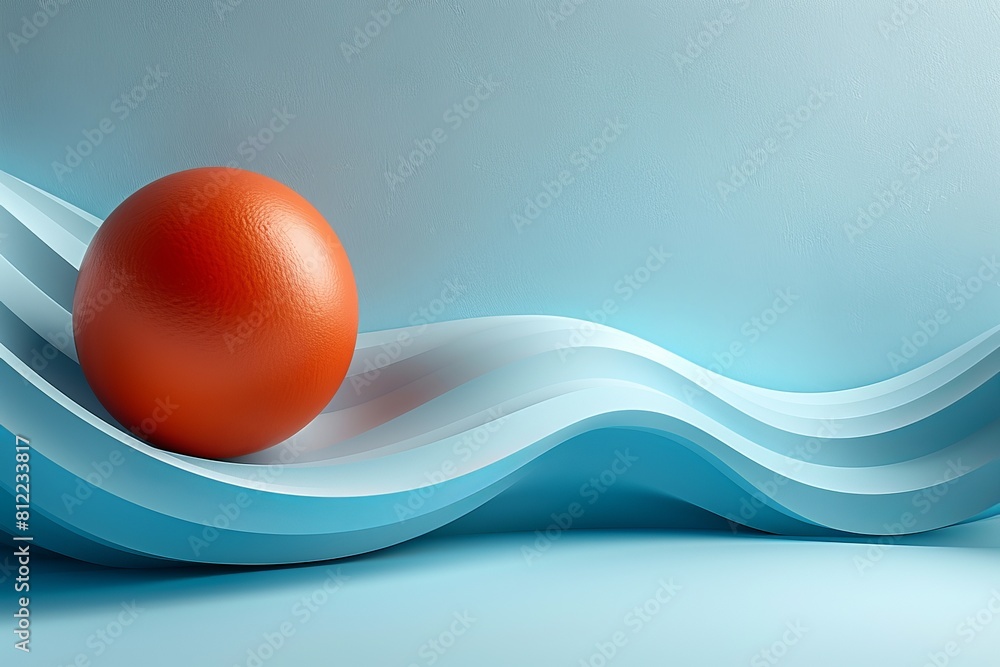 Poster an elegant 3d render depicting a simple orange sphere on a wavy blue and white background representi