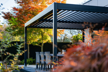 Outdoor patio pergola. Beautiful terrace lounge with pergola