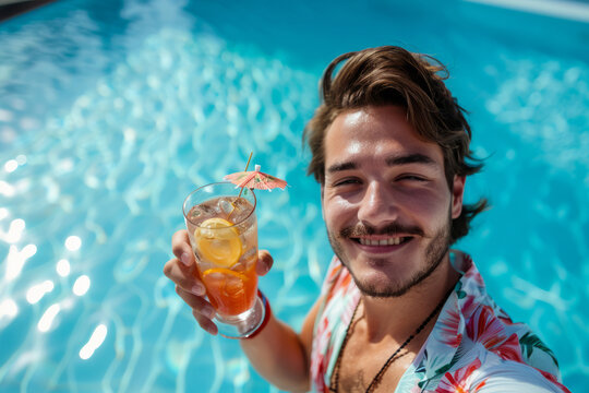 Man holds a glass with a cocktail on the background of the pool