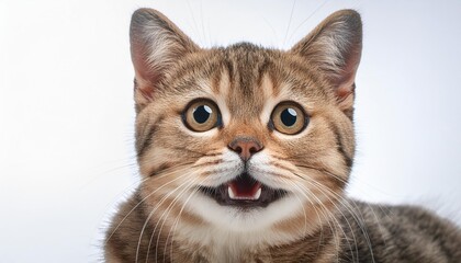 portrait of a happy smiling cat scottish straight closeup isolated on white background
